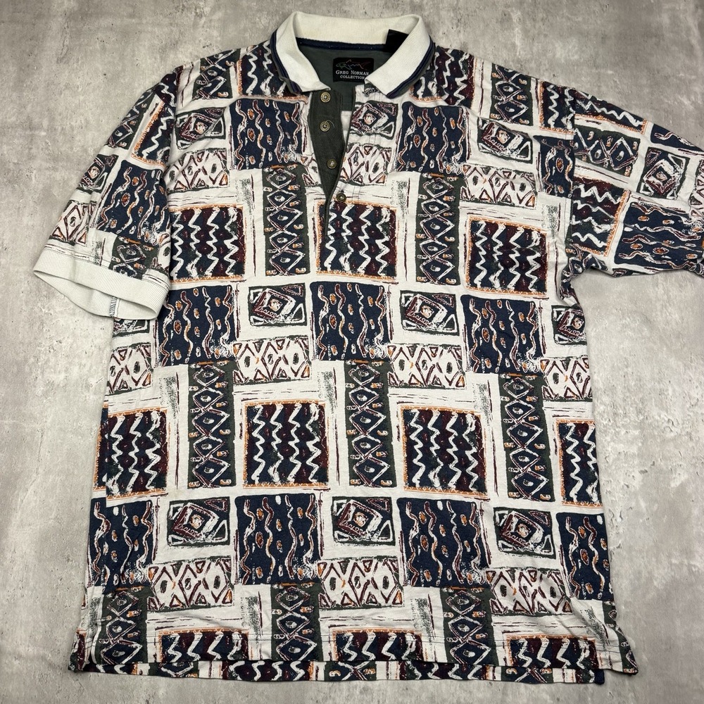 Greg Norman Mens Polo Shirt Multicolor Geometric Medium Cotton Short Sleeve VTG